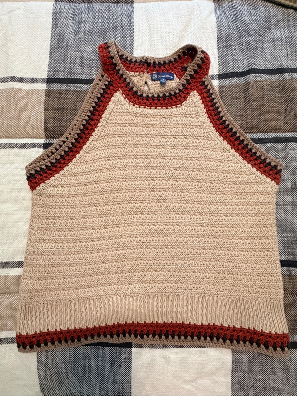 Democracy Boho Crochet Knit Sweater Tank Top Rust Brown Beige Size S